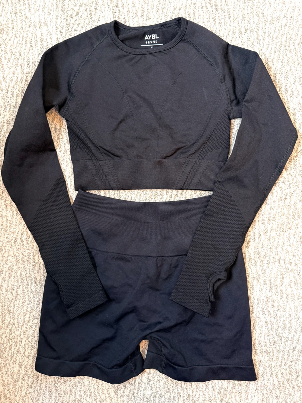 AYBL Black Athletic Workout Set Seamless Crop Top + Scrunch Shorts XS Activewear